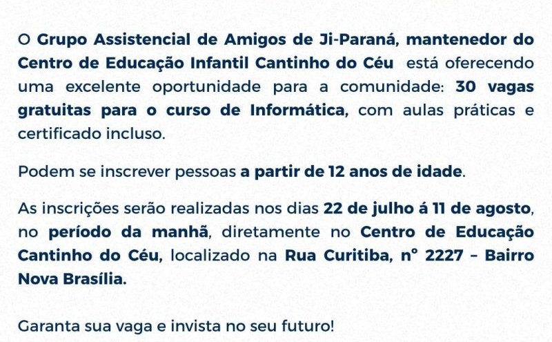 GAAJIPA EM AÇÃO - Abertas inscrições para curso de Informática Básica de projeto social